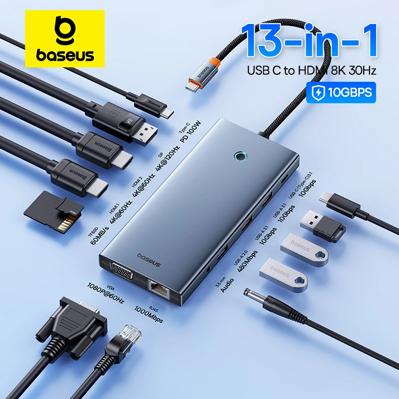 Адаптер-концентратор Baseus USB Type C — HDMI-совместимый 13-в-1 DP 4K, 60 Гц, 120 Гц, RJ45, VGA-конвертер PD 100 Вт, USB 3.0 2.0 для Macbook PC - Товары для дома - ТОПы продаж