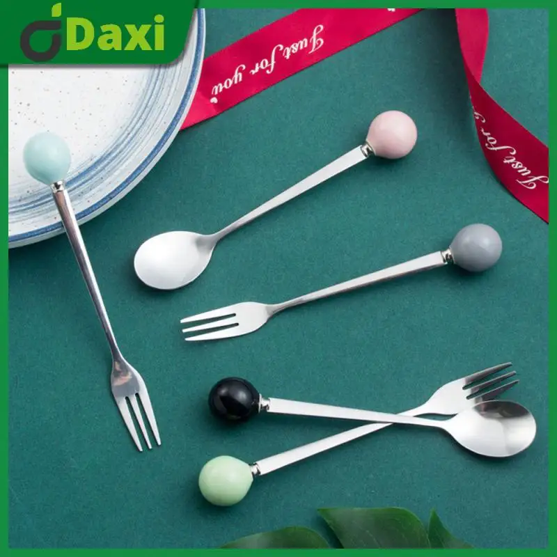 

Long Handle Spoon Fork Stainless Steel Fork Spoon Ceramic Handle Spoon Milk Coffee Spoon Ice Cream Dessert Spoon Fruit Fork