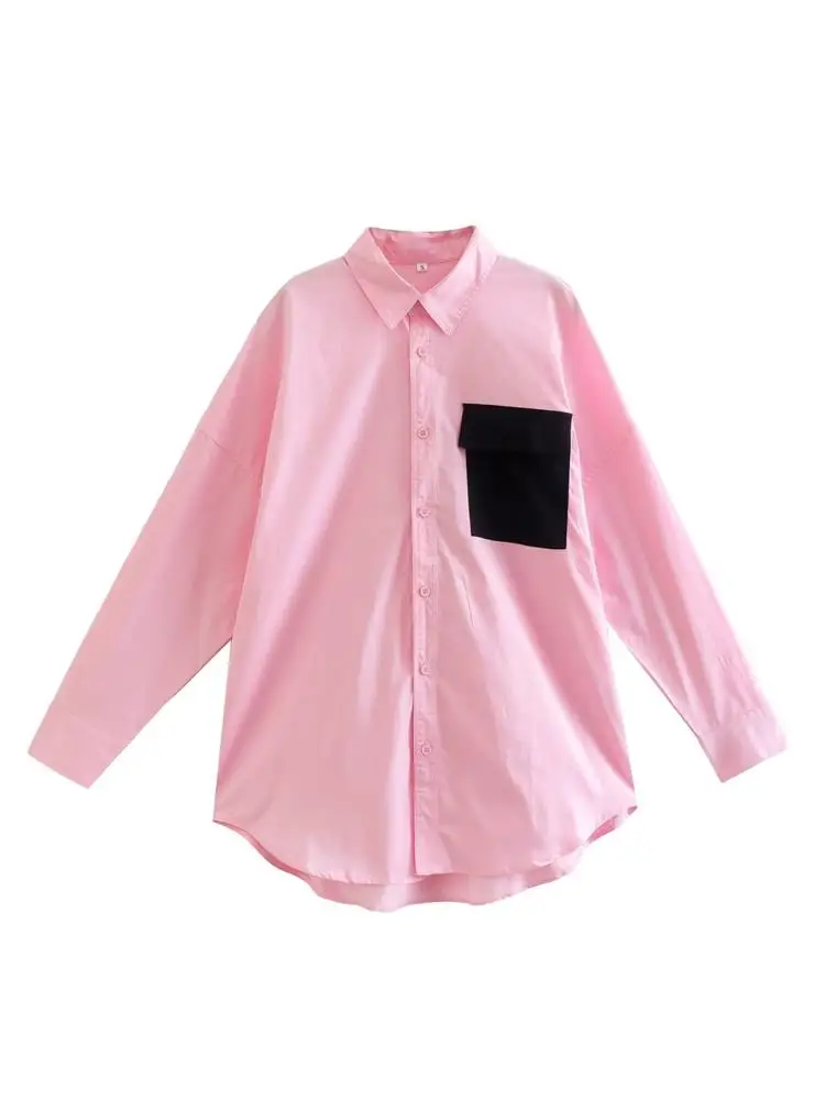 

MESTTRAF 2022 Women Sexy Loose Asymmetrical Splicing Pockets Shirt Vintage Long Sleeve Button-up Female Blouses Chic Tops