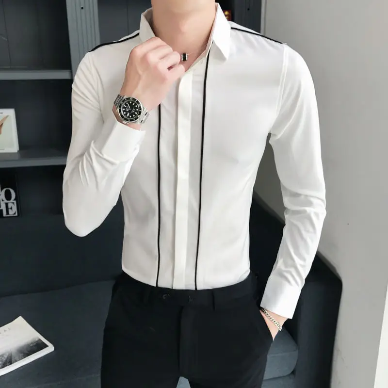 

2022 Autumn Stripe Patchwork Formal Shirts for Men Slim Long Sleeve Blouses Button Up Shirt Dress Business Office Camisas B151