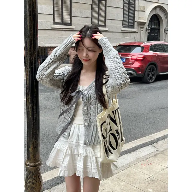Корейские модные серые кардиганы для женщин милая бандажная кокетка с бантом