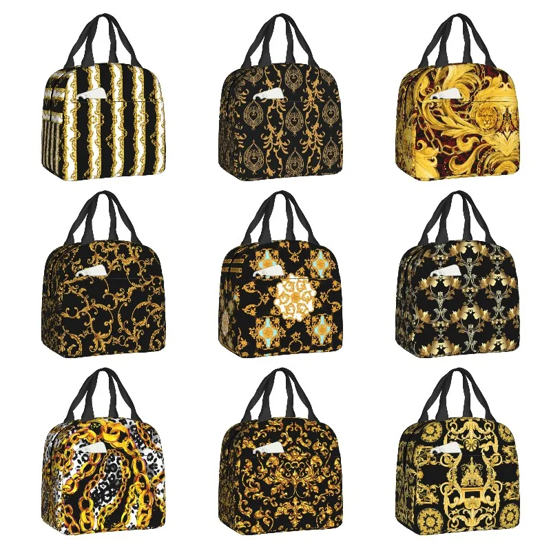 

Greek Golden Meander Meandros Thermal Insulated Lunch Bag Women Baroque Floral Resuable Lunch Container for School Food Box