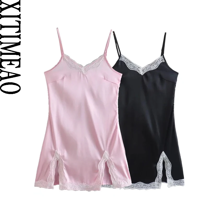 

Xitimeao Женская мода пижама стиль передний разрез Цветочный Атлас миди платье Винтаж с открытой спиной тонкие бретельки женские платья Vestidos