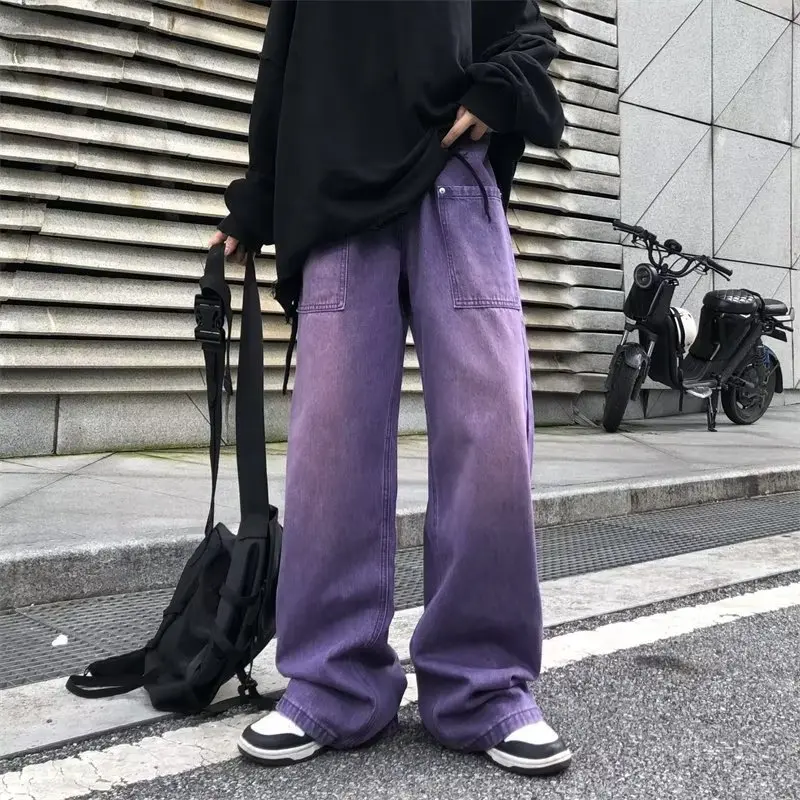 Purple Jeans for Men Spring and Autumn Straight Loose Trousers Oversize Casual Wide Leg Pants High Street Fashion Male Clothing