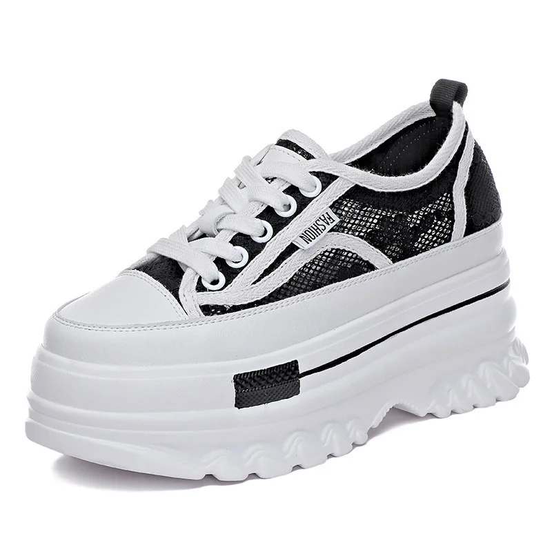 

8cm Air Mesh Genuine Leather Women Summer Shoes Platform Sneakers Wedge Heel Chunky Shoes Fashion Sneakers Women 2022