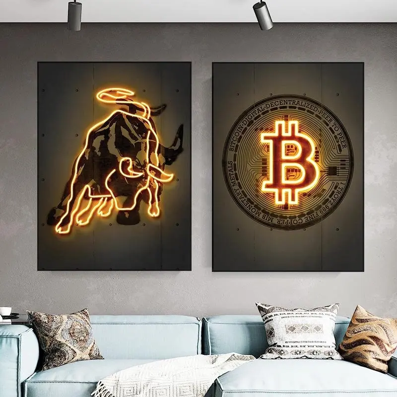 

Neon Bitcoin Bull Crypto Gold Canvas Painting Cattle Poster and Print Wall Art Picture Home Decoration for Living Room Decor
