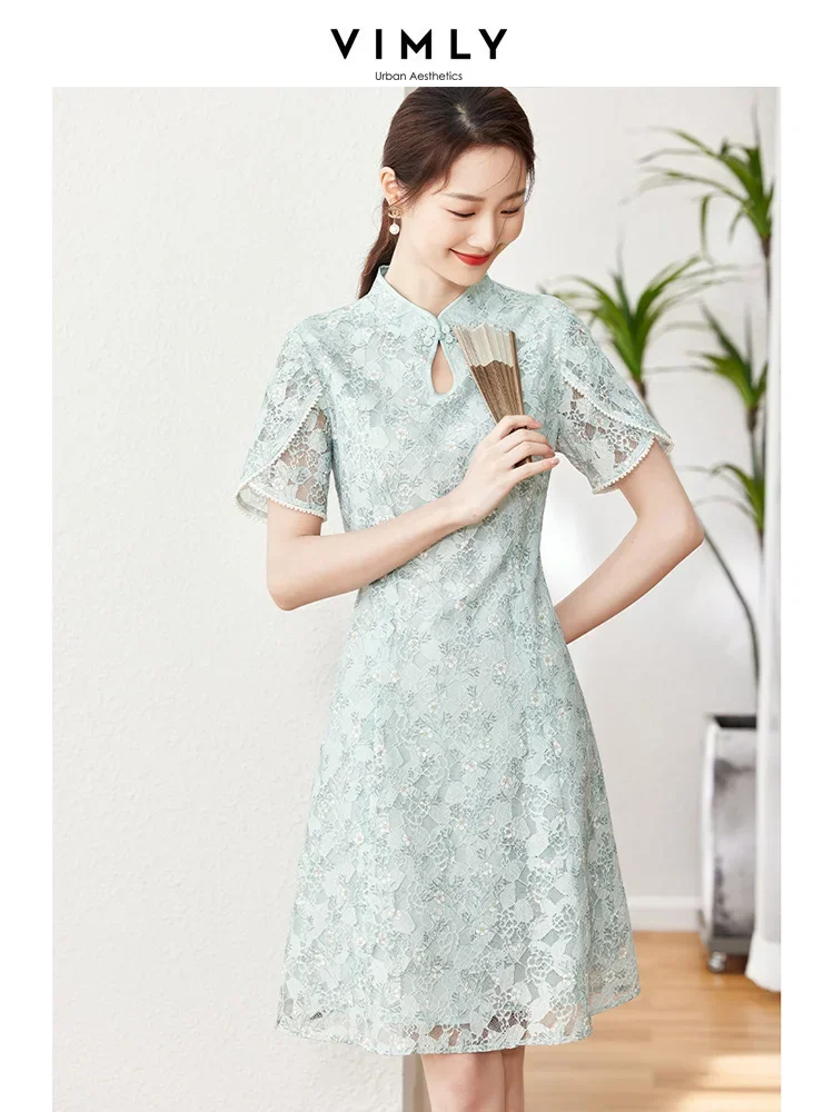 

Vimly Elegant Improved Chinese Style Cheongsam Dress for Women 2023 Summer Short Sleeve Slim Waisted Qipao Mini Lace Dresses