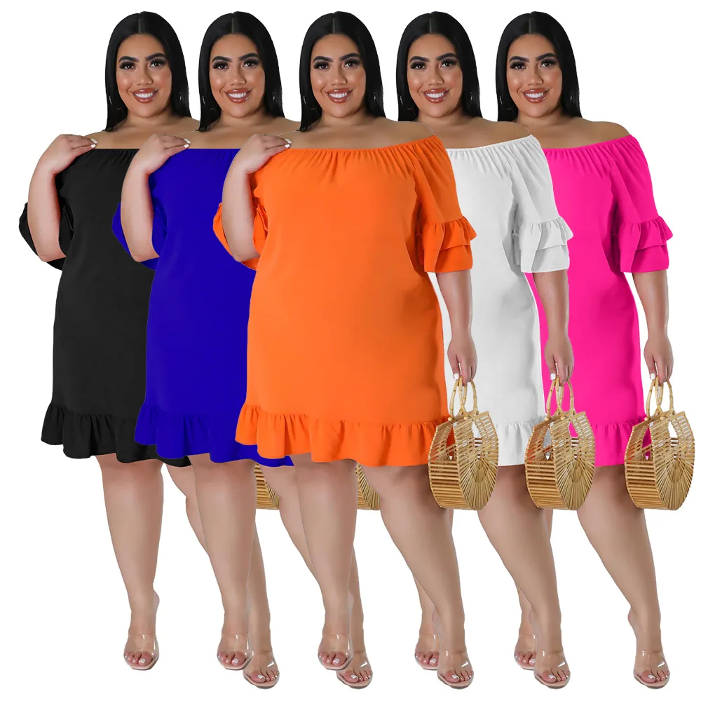 

Летнее свободное женское платье большого размера с воротником-лодочкой и пышными рукавами, повседневные платья с оборками, одежда стандартного размера 2023, Лидер продаж