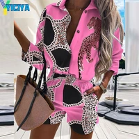yiciya womens summer suit pink fashion print lapel single breasted shirt shorts two piece set vacation outfits for women 2022