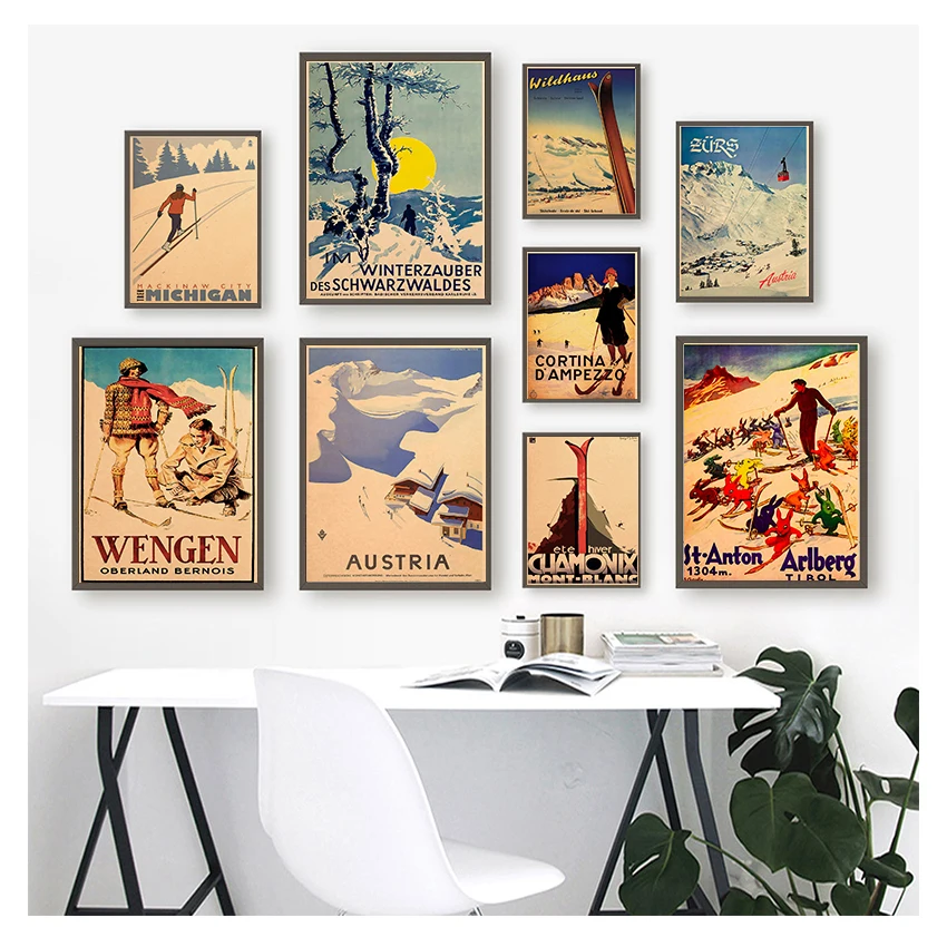 Винтажные настенные крафт-постеры для катания на лыжах наклейки с покрытием