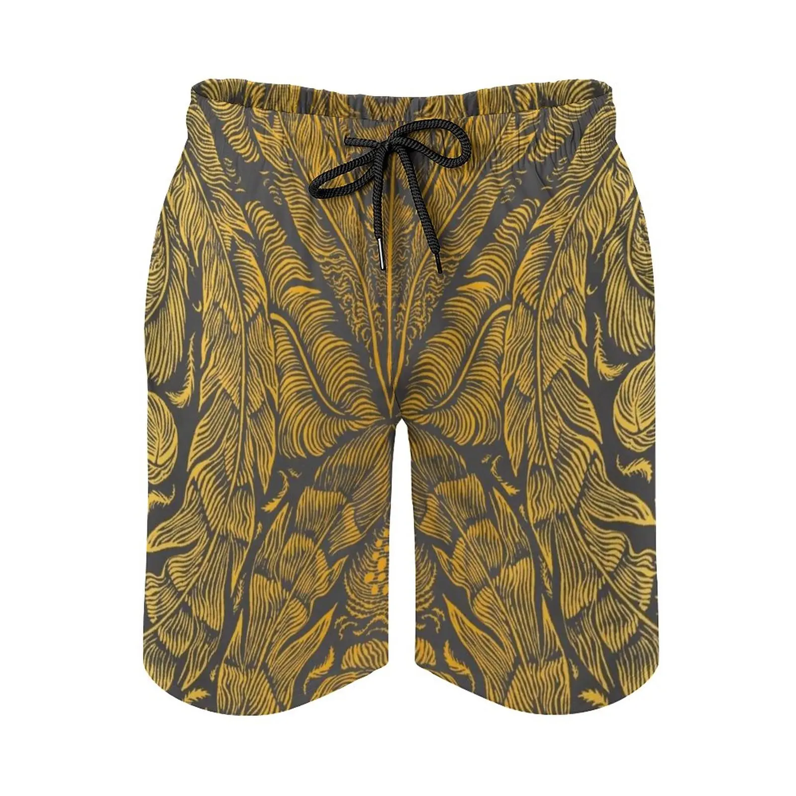 

Plumage-- Yellow & Grey Men's Sports Short Beach Shorts Surfing Swimming Boxer Trunks Bathing Damask Feathers Birds Graphic