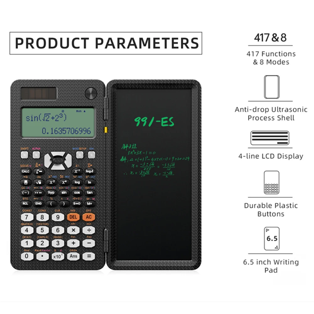 

12-Digit Scientific Calculator with LCD Writing Pad Functions Professional Solar Portable Foldable Calculator for Office School