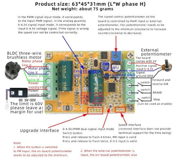 

DC6.5-50V 380W BLDC Three Phase DC Brushless Motor Controller PWM Without Hall Sensor Hall Motor Control Driver Board Dropship