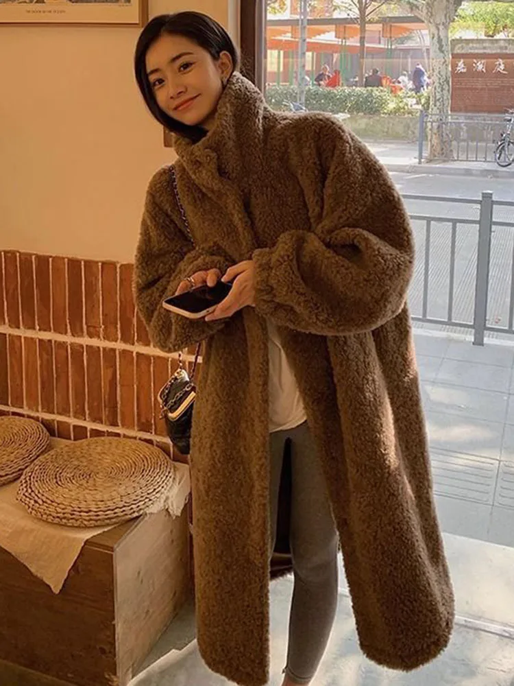Свободные Утепленные длинные куртки из овечьей шерсти женские повседневные