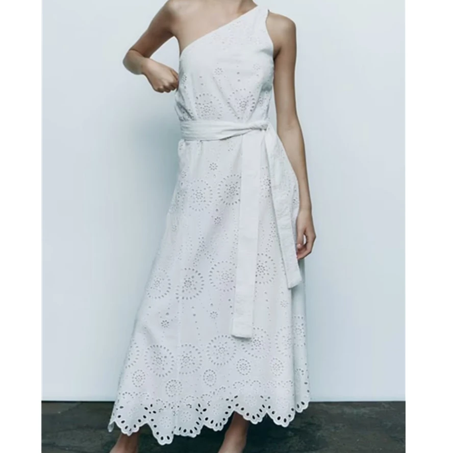 

Elmsk Summer French Moroccan Hollow Embroidery Rlder Asymmetrical White Elegant Cotton Midi Dress Womenetro One Shou