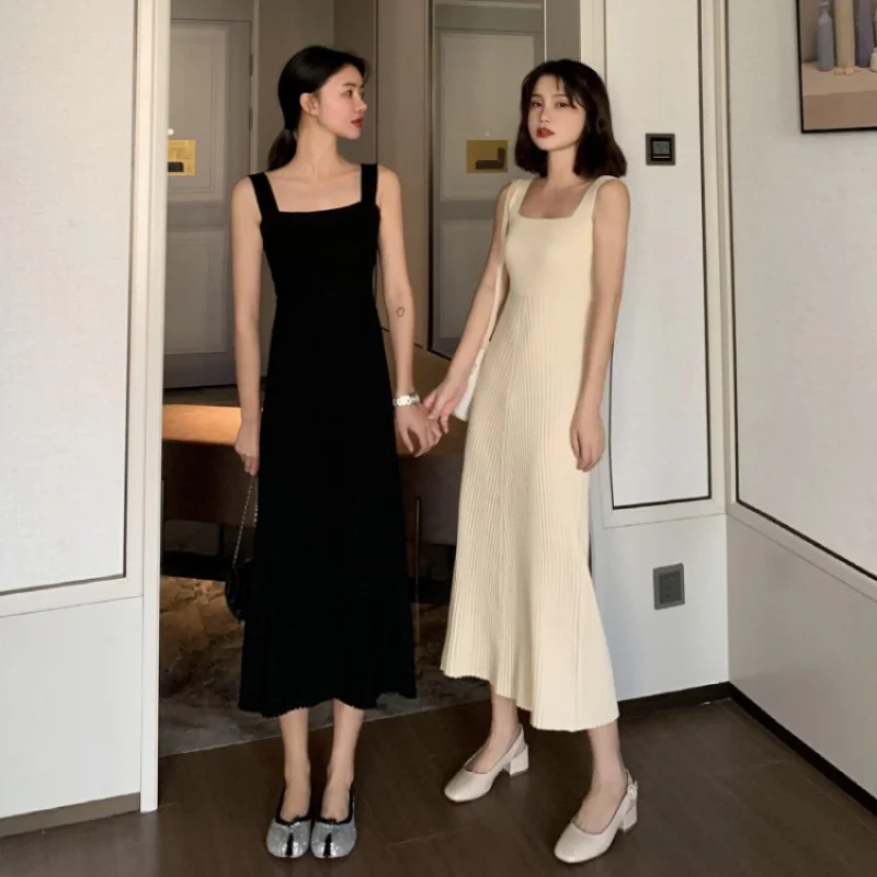 

Korean style women's slim high waist knitted dress Fashionable square neck suspender Dress