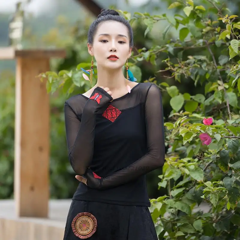 2023 национальная сетчатая рубашка с цветочной вышивкой