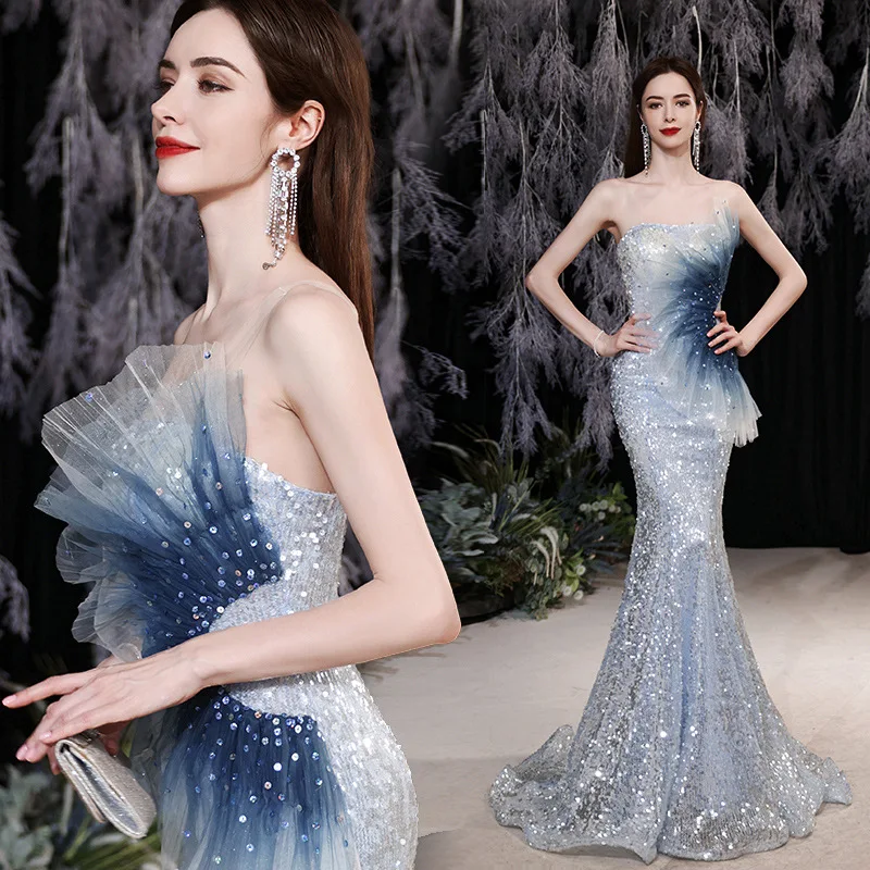 Elegant Sexy Tube Top Sequins Back Zipper Trailing Mermaid Gowns Oriental Party Banquet Female Stage Show Dresses Cheongsam