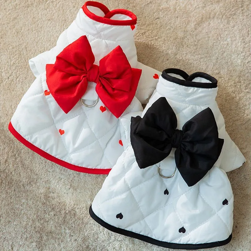 

Red Bowtie Dress Winter Dog Clothes Princess Style Teddy Bear Coat Dog Warm Down Coat Fashion Puppy Clothing XS-XL