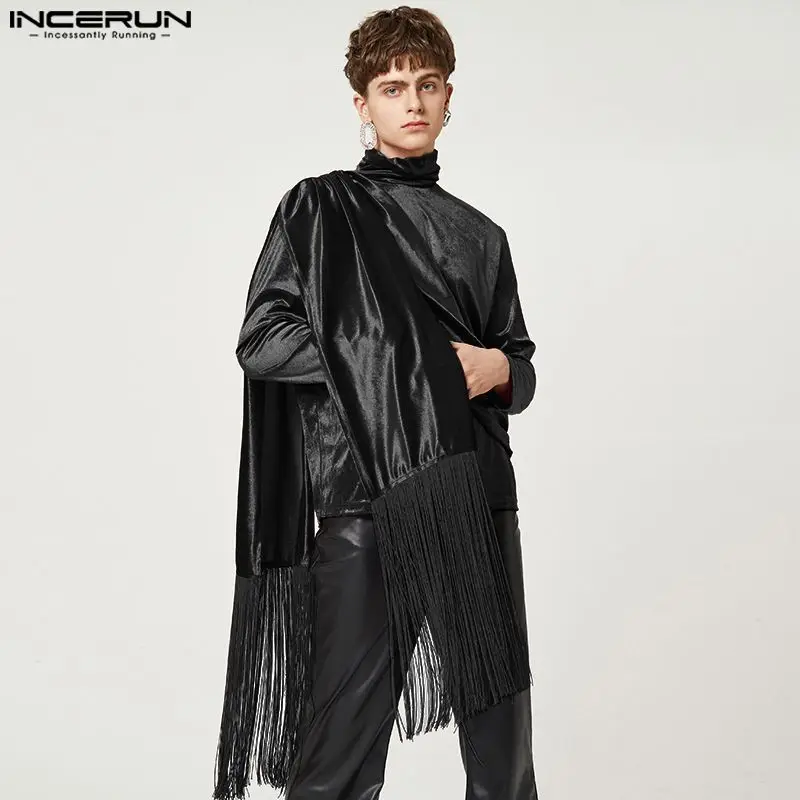 

2023 Men T Shirt Velour Tassel Turtleneck Long Sleeve Camisetas Streetwear Solid Color Fashion Casual Irregular Tee Tops INCERUN