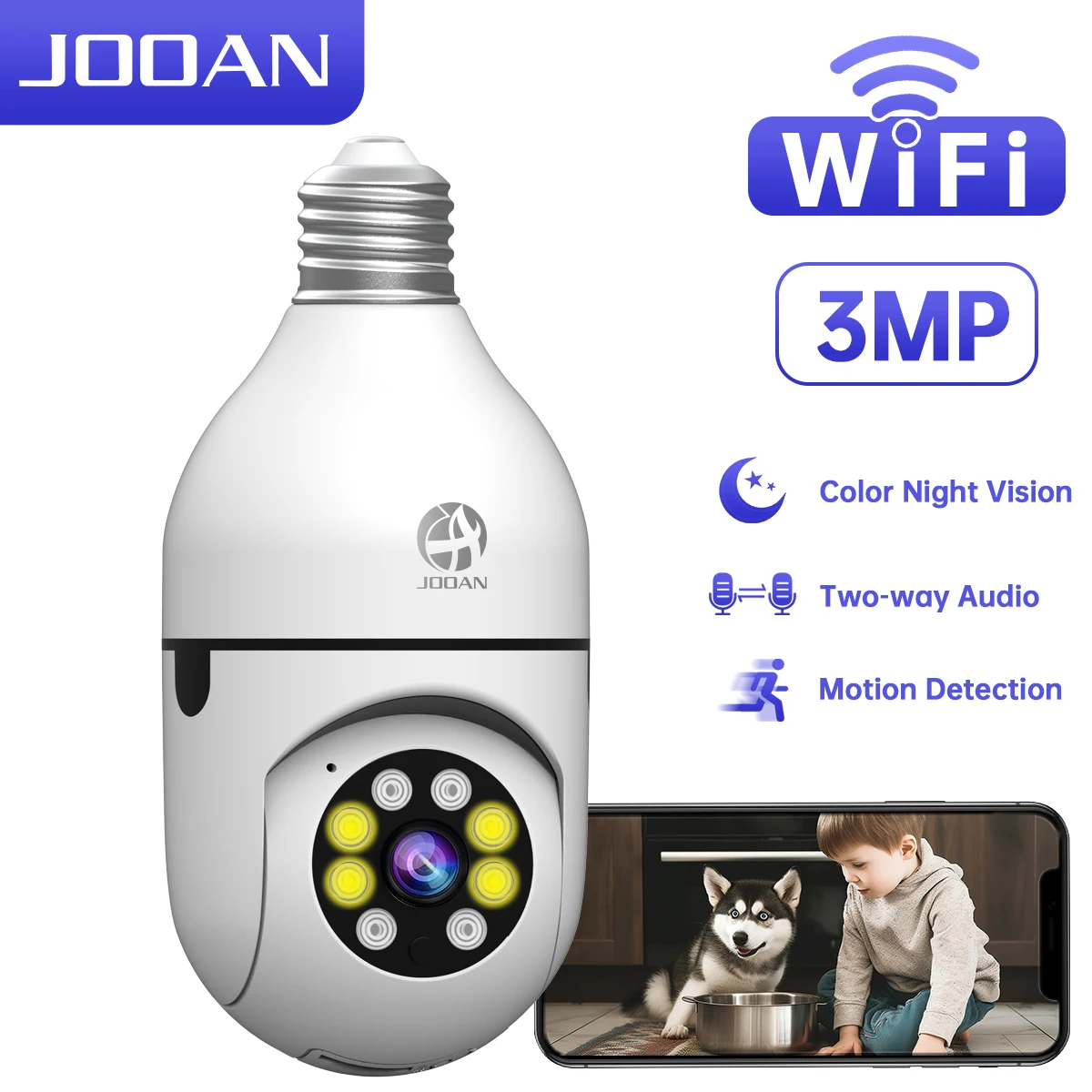 JOOAN 3MP WiFi PTZ IP Camera E27 Bulb Camera Color Night Aut