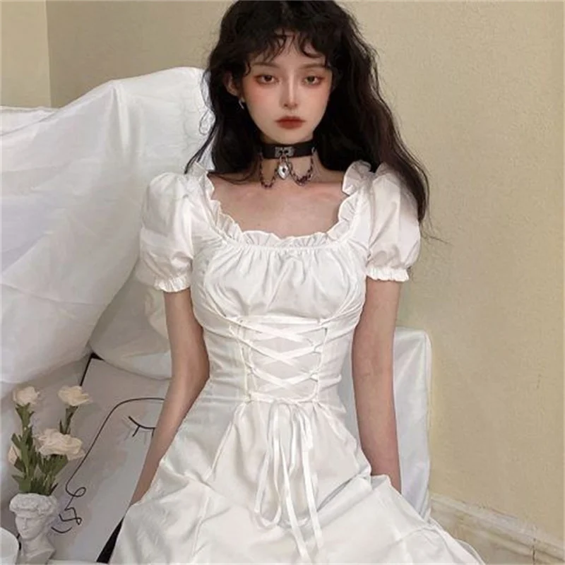 

Korean Fashion White Mini Dresses Women French Stitching Wood Ears Lace Cross Lacing Up Short Sleeve Short Dress Holiday Clothin