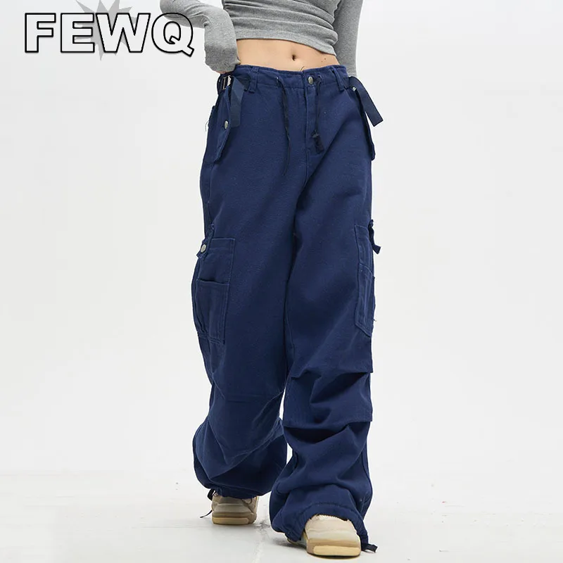 

FEWQ Autumn Men's Y2k Cargo Pants Belt Drawstring Safari Style Male Overalls Casual Pure Color Trousers Street 2023 New 24B2490