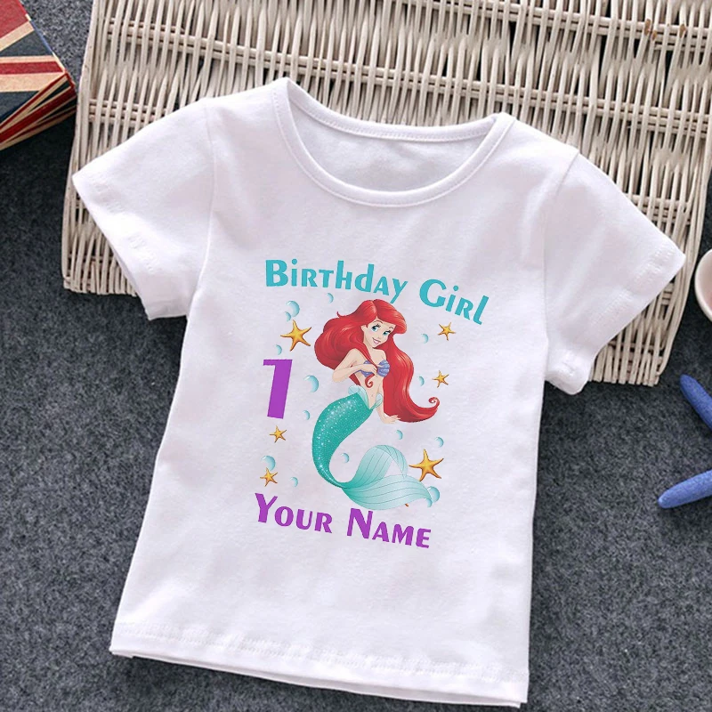 Girls Mermaid Birthday Custom Print T-shirts Cute Cartoon Girls Summer Tees Children Round Neck Short Sleeve Clothes for Girls