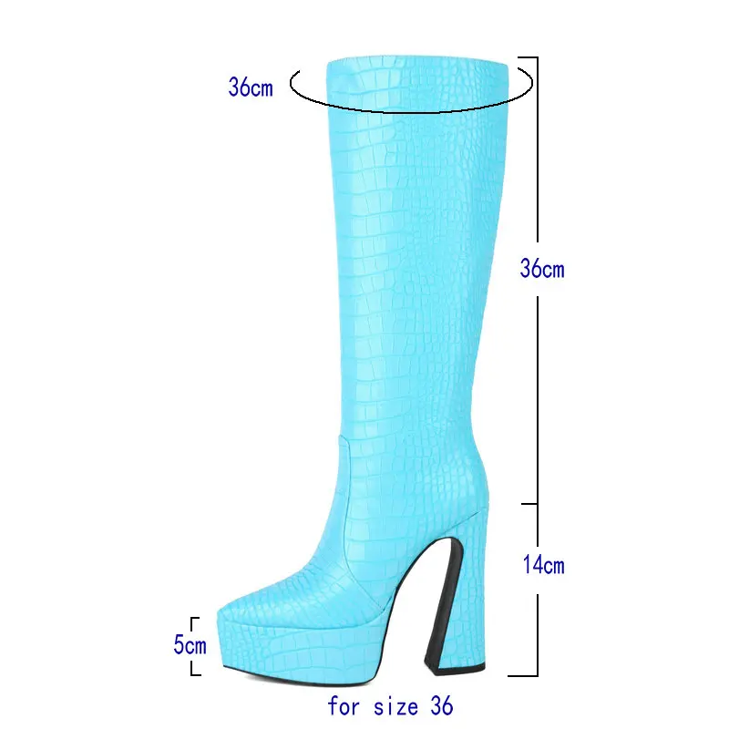 Plus Size 45 Women Knee High Boots Platform Square High Heel Ladies Calf Boots PU Leather Pointed Toe Away Dress Women's Shoes