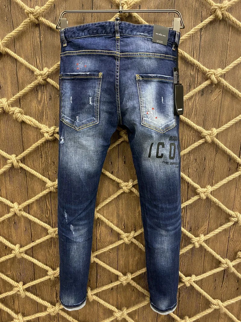European New Dsquared2 Brand Jeans Men Slim Jeans Pants Men's Denim Trousers Blue hole Pencil Pants jeans for Men 9802