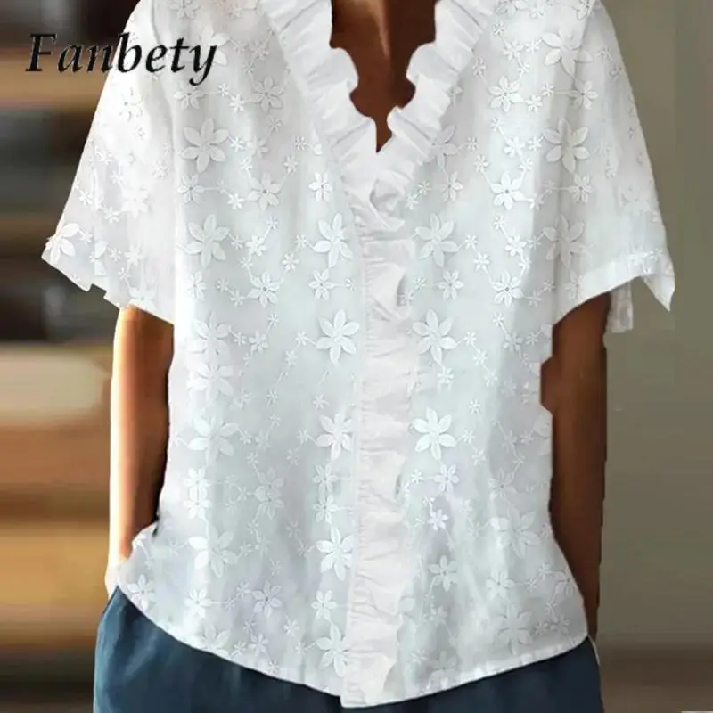 

Women Elegant Solid V-Neck Ruffle Blouse Shirts Summer Fashion Short Sleeve Pullover Tops Ladies Casual Loose Blusa Streetwear