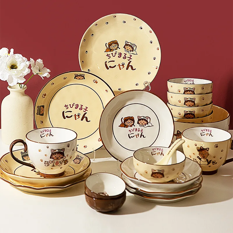 

Kawaii Chibi Maruko-Chan Anime Hobby Cartoon Ceramic Breakfast Bowl Breakfast Plate Mug Milk Mug Gift for Girlfriend