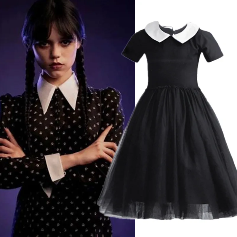 

Wednesday Adams Role Play Costumes 2023 New Halloween Carnival Party Black Evening Dress Girls Lace Cut-out Princess Costume