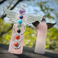 hexagonal wand rose quartz stone pendants angle angel wings alloy 7 chakra reiki stone for jewelry making necklace bracelet gift