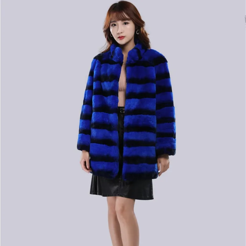 New Winter Women Luxury Real Chinchilla Rex Rabbit Fur Coat Warm Stand Collar Natural Fur Jacket