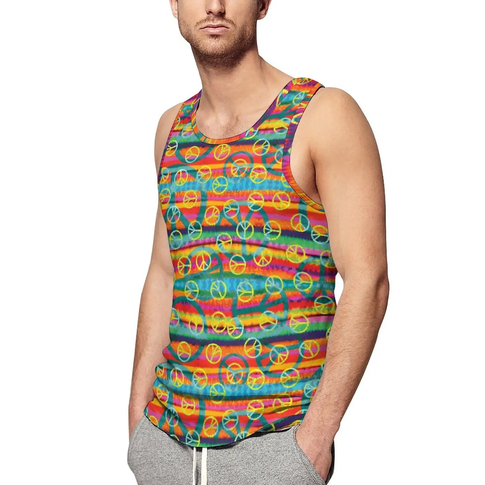 

Tie Dye Peace Tank Top Man's Groovy Signs Print Sportswear Tops Summer Workout Graphic Sleeveless Vests Big Size