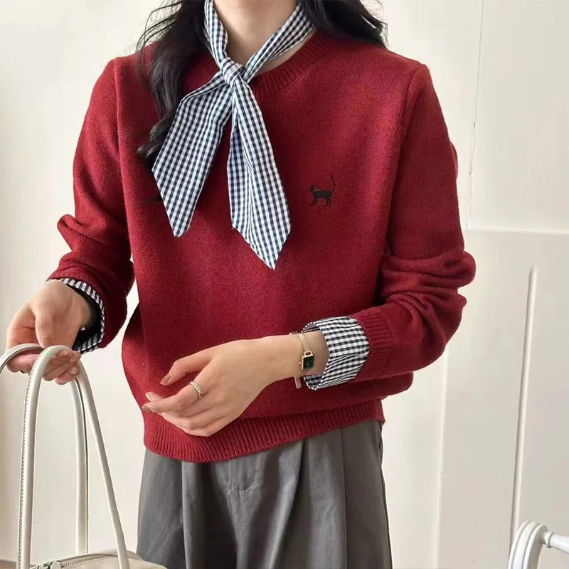 Осенние новые модные поддельные свитера из двух предметов с рукавами-рубашками