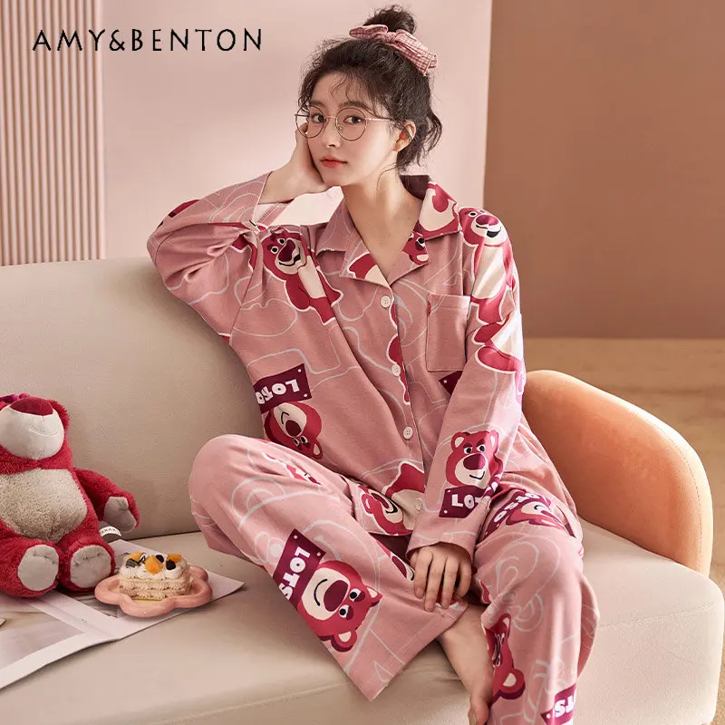 

Spring Autumn Cotton Long-Sleeved Pajamas Set Women's Autumn plus Size Loose Korean Casual Polo Collar Ladies Home Leisure Suit