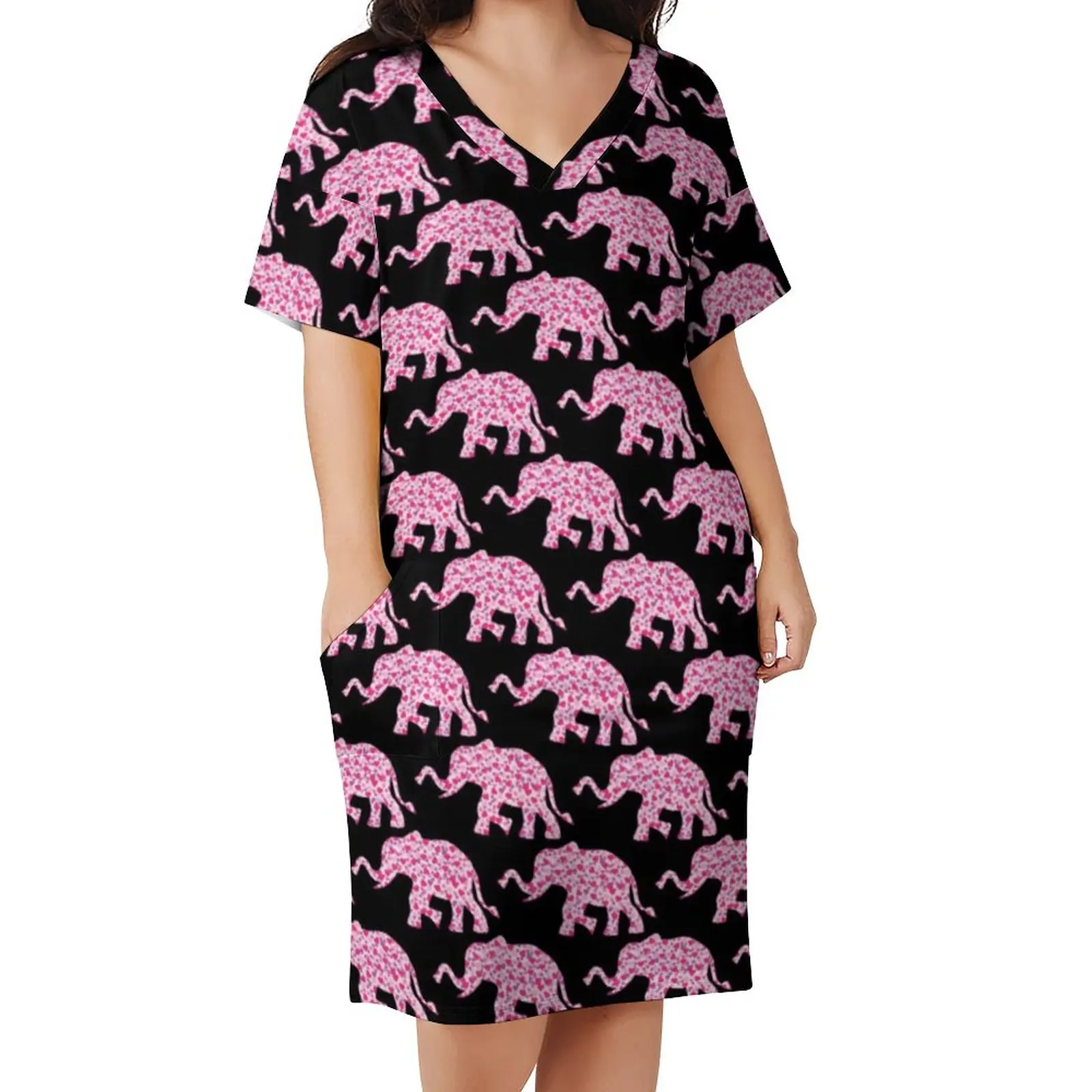 Elephant Print Dress V Neck Pink Hearts of Love Korean Fashion Dresses Spring Sexy Casual Dress Woman Graphic Plus Size Clothes