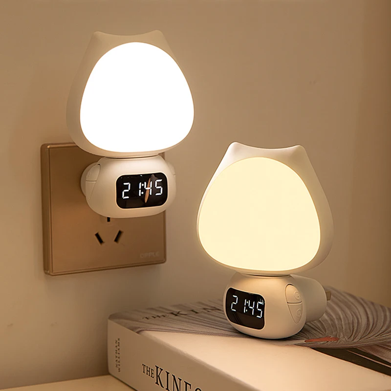 Clock Cute Led Night Light Plug In Wall Soft Light Remote Control Alarm Decoration Bedroom Christmas Gift LED Light Lampara