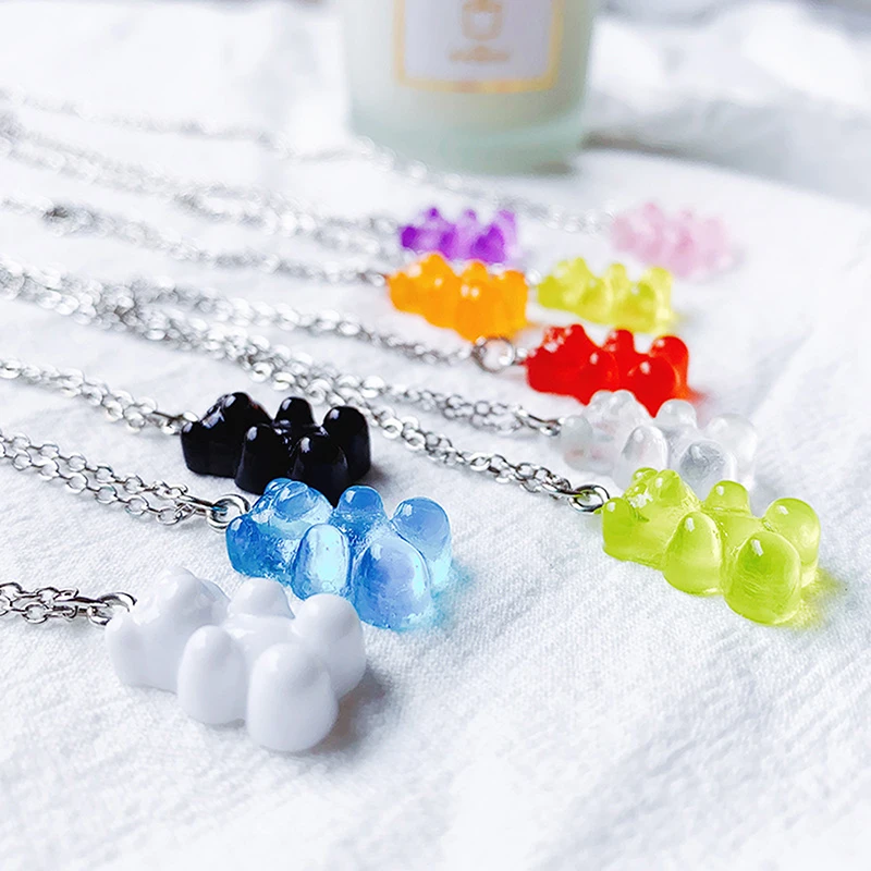 5 Colors Cute Resin Gummy Bear Chain Necklaces Candy Color Pendant for Women Girl's Charm Daily Handmade Jewelry Party Gifts