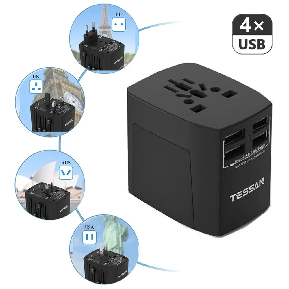 

TESSAN Universal Travel Adapter One International Wall Charger AC Plug Adaptor With 4 USB Ports Mini Smart Power For US EU UK AU