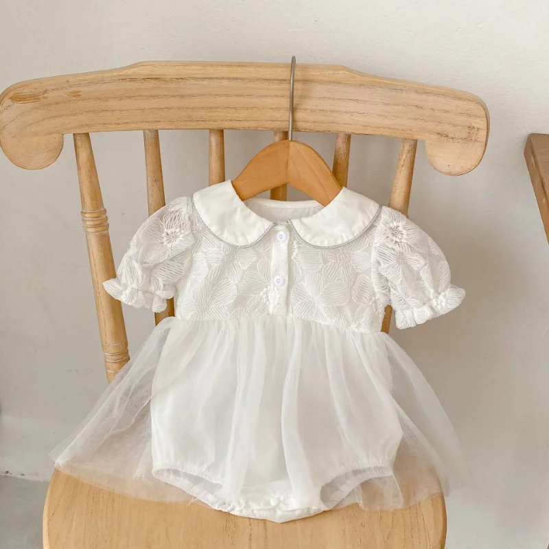 

2023 Summer Baby Clothing Lace Floral Embroidery Infant Girls Bodysuits Mesh One Piece