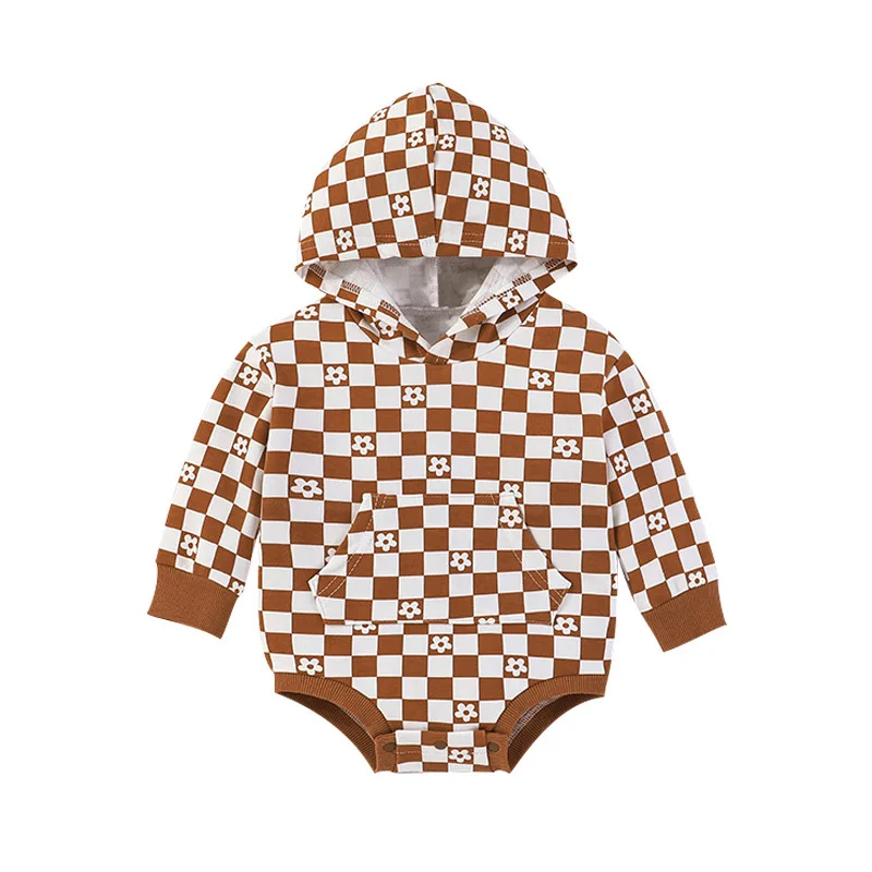 

Autumn Baby Boys Girls Hoodies Romper 0-24M Long Sleeve Plaid Letters Print Hooded Button Jumpsuits