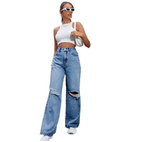 2023 Womens Fashion Jeans High Waist Women's Hole Wide Leg Jeans Baggy Woman Denim Pants Jean Y2k Streetwear Mom Jeans Trousers