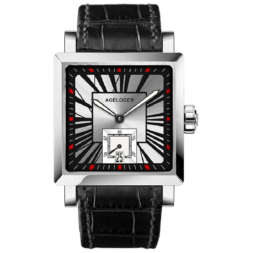 

AGELOCER Men Wrist Watch Square Water Sport Watches 5ATM Waterproof Genuine Leather Clock Male Automatic Montre Homme 3301A1