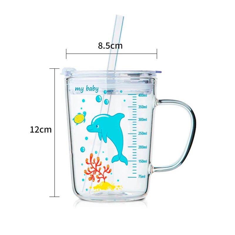 

Coffee Cup Children's Milk Cup Glass Home Cartoon Drinking Cup Breakfast Cup Straw Cup 450ml Mugs Child Sippy Cup Drinkware