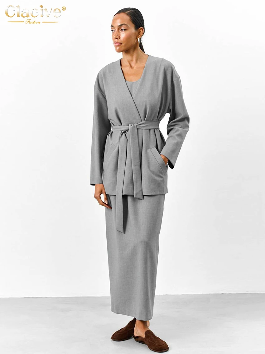 Clacive модный свободный серый офисный женский комплект из двух предметов