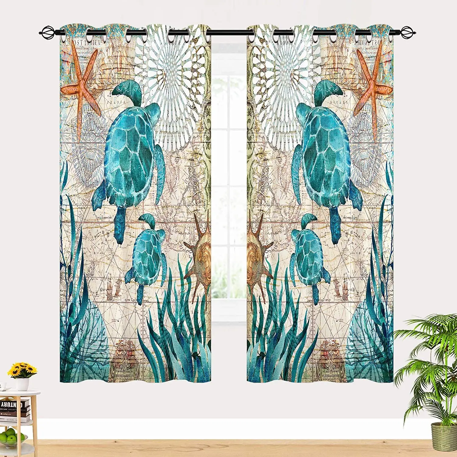 

Teal Turtles Coral Reef With Nautical Map and Starfish Ocean Sealifes Beach Curtains Windows Treatment Finished Drapes Panel