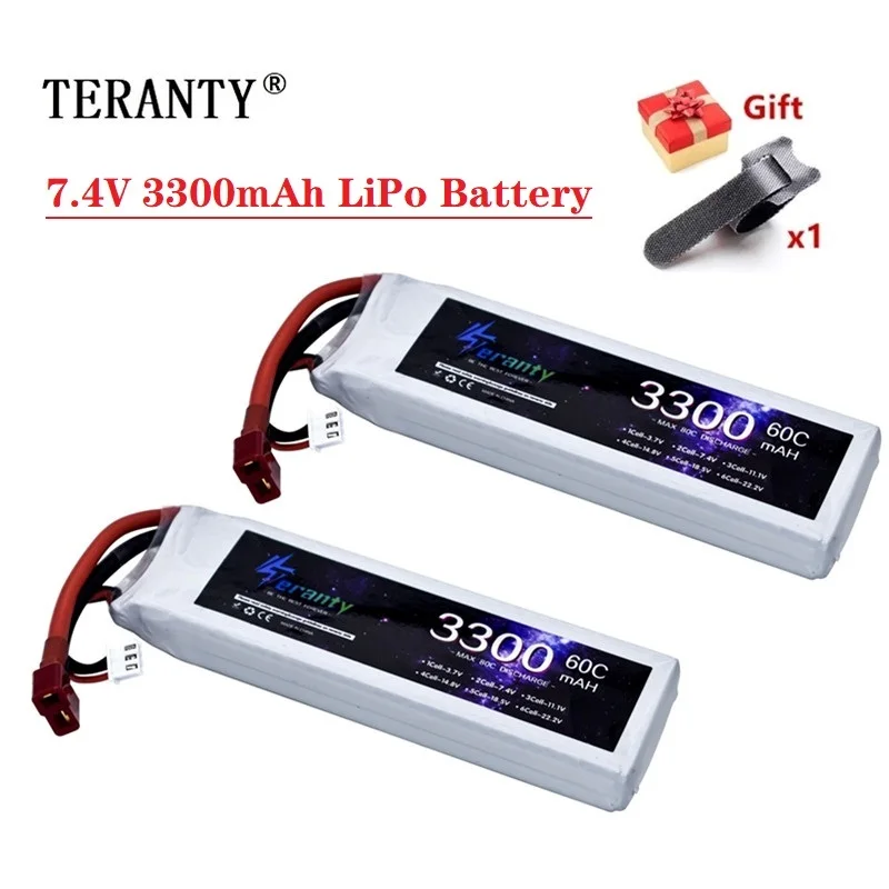 

Teranty 7,4 V 3300mAh литий-полимерный аккумулятор 45C для радиоуправляемого квадрокоптера вертолета автомобиля лодки фотосессия с T разъемом 7,4 V 2S ба...